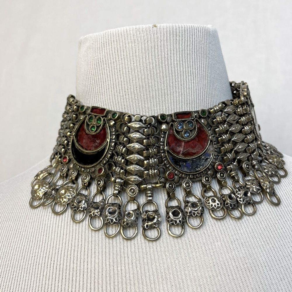 Vintage Tribal Statement Choker Necklace – Boho Luxe Mixed Metal & Enamel